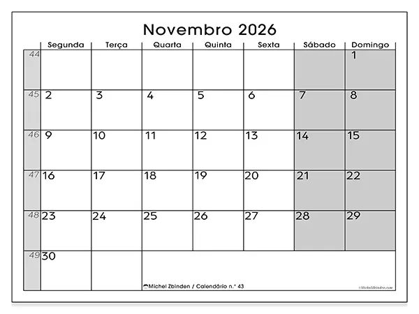 Calendário de novembro de 2026 para imprimir - Organização perfeita