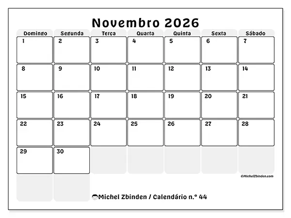 Calendário de novembro de 2026 para imprimir - Planeamento estruturado - Semana de domingo a sábado