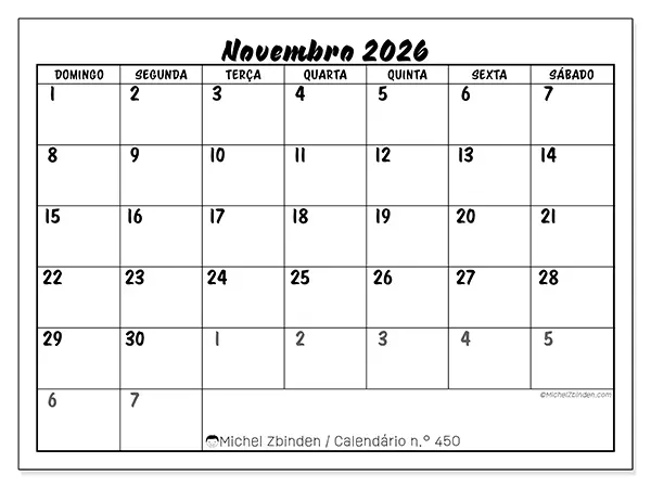 Calendário de novembro de 2026 para imprimir - Organização detalhada - Semana de domingo a sábado