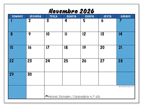 Calendário de novembro de 2026 para imprimir - Organização dinâmica - Semana de domingo a sábado