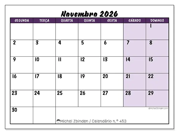 Calendário de novembro de 2026 para imprimir - Eficiência colorida
