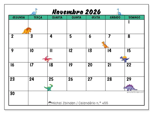 Calendário de novembro de 2026 para imprimir - Pequenos dinossauros
