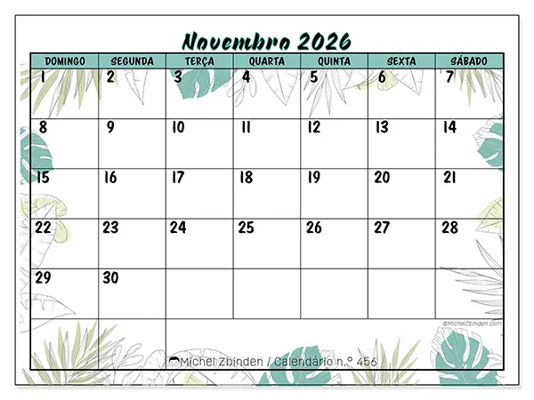 Calendário de novembro de 2026 para imprimir - Natureza e jardim - Semana de domingo a sábado