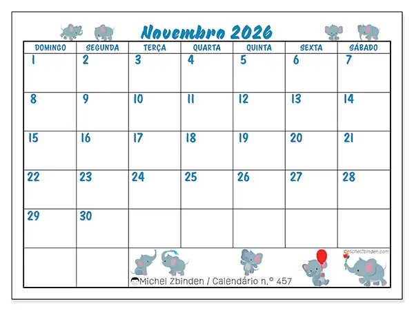 Calendário de novembro de 2026 para imprimir - Pequenos elefantes - Semana de domingo a sábado