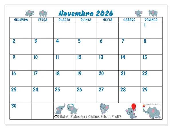Calendário de novembro de 2026 para imprimir - Pequenos elefantes