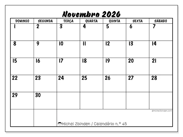 Calendário de novembro de 2026 para imprimir - Sucesso escolar - Semana de domingo a sábado