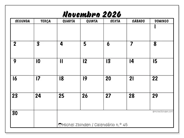 Calendário de novembro de 2026 para imprimir - Sucesso escolar