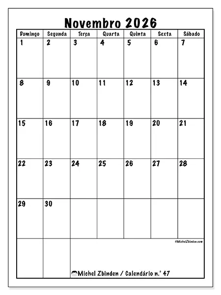 Calendário de novembro de 2026 para imprimir - Planeamento eficiente - Semana de domingo a sábado