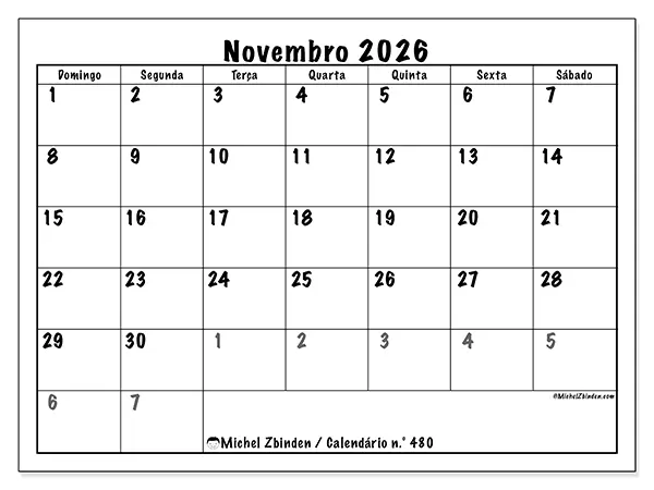Calendário de novembro de 2026 para imprimir - Planeamento completo - Semana de domingo a sábado