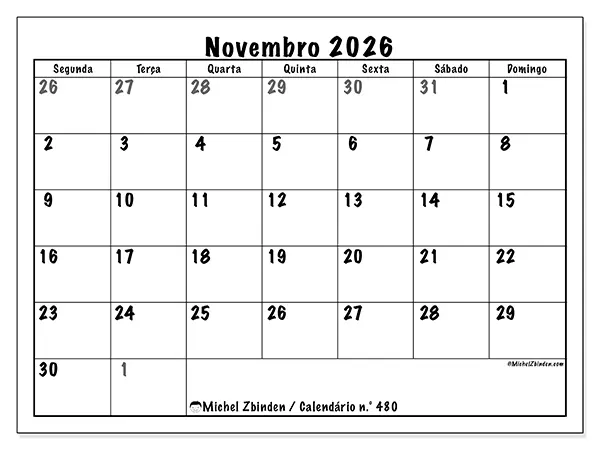 Calendário de novembro de 2026 para imprimir - Planeamento completo