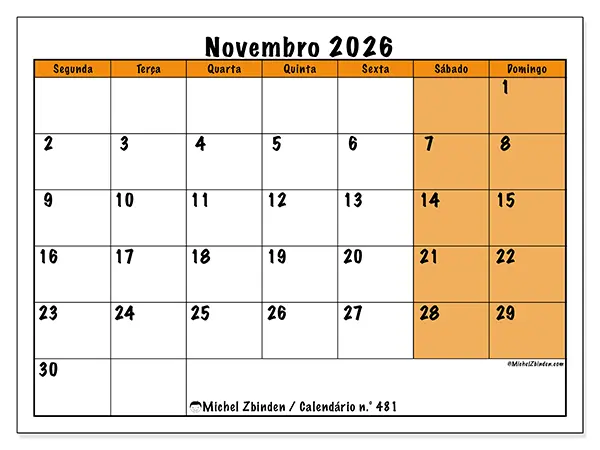 Calendário de novembro de 2026 para imprimir - Planeamento dinâmico