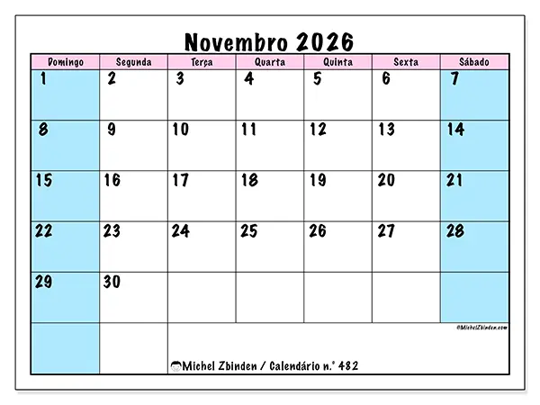 Calendário de novembro de 2026 para imprimir - Horário de equipa - Semana de domingo a sábado
