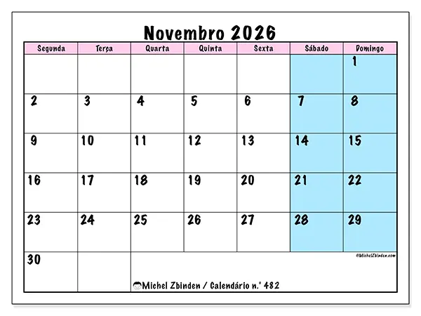 Calendário de novembro de 2026 para imprimir - Horário de equipa