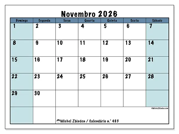 Calendário de novembro de 2026 para imprimir - Estrutura para a escola - Semana de domingo a sábado