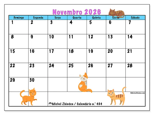 Calendário de novembro de 2026 para imprimir - Amor pelos gatos - Semana de domingo a sábado