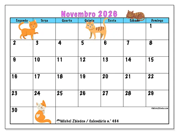 Calendário de novembro de 2026 para imprimir - Amor pelos gatos