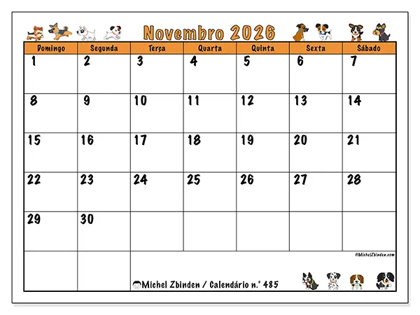 Calendário de novembro de 2026 para imprimir - Cães entusiasmados - Semana de domingo a sábado