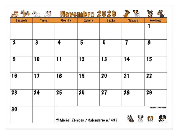 Calendário de novembro de 2026 para imprimir - Cães entusiasmados