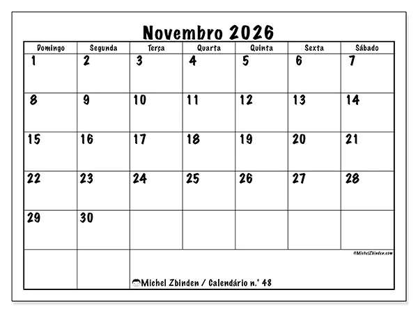 Calendário de novembro de 2026 para imprimir - Eficiência diária - Semana de domingo a sábado