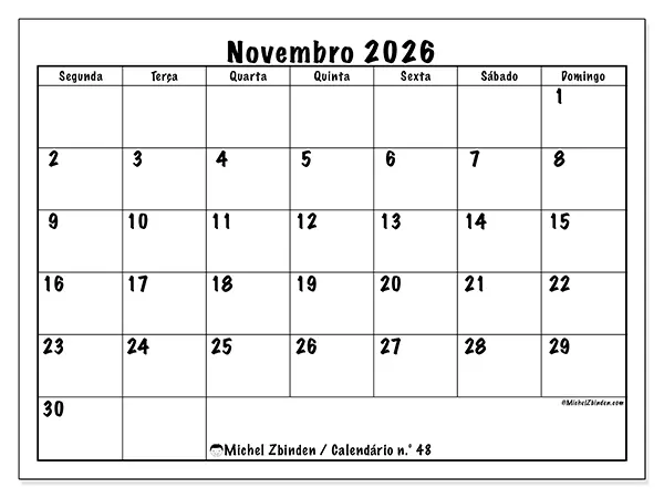 Calendário de novembro de 2026 para imprimir - Eficiência diária
