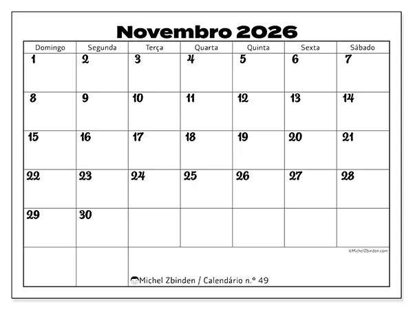 Calendário de novembro de 2026 para imprimir - Coordenação produtiva - Semana de domingo a sábado