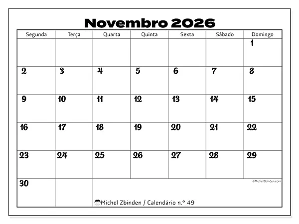 Calendário de novembro de 2026 para imprimir - Coordenação produtiva