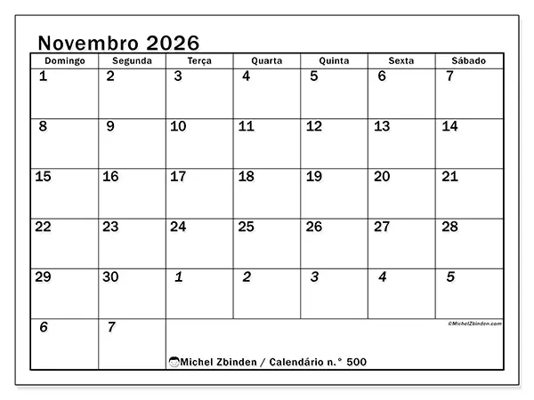 Calendário de novembro de 2026 para imprimir - Planeamento intensivo - Semana de domingo a sábado