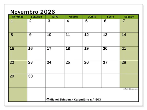 Calendário de novembro de 2026 para imprimir - Organização viva - Semana de domingo a sábado