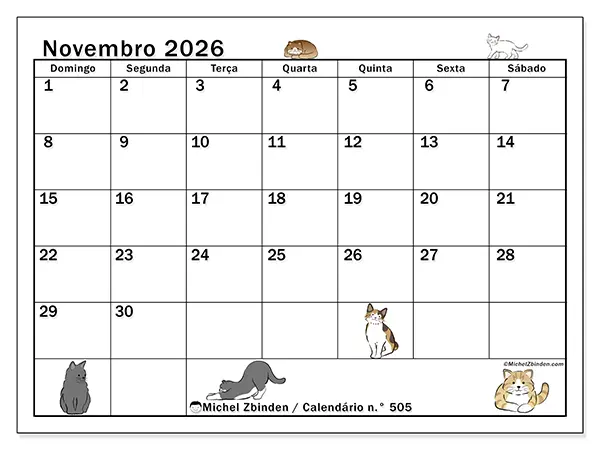 Calendário de novembro de 2026 para imprimir - Vida de gato - Semana de domingo a sábado