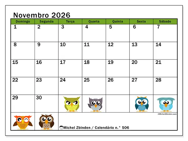 Calendário de novembro de 2026 para imprimir - Corujas divertidas - Semana de domingo a sábado