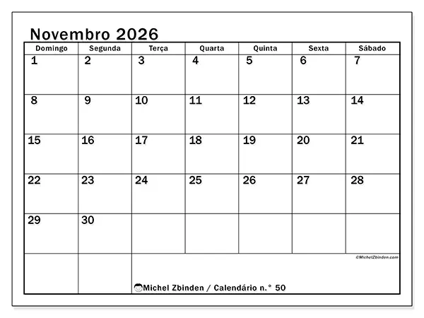 Calendário de novembro de 2026 para imprimir - Planeamento ideal - Semana de domingo a sábado