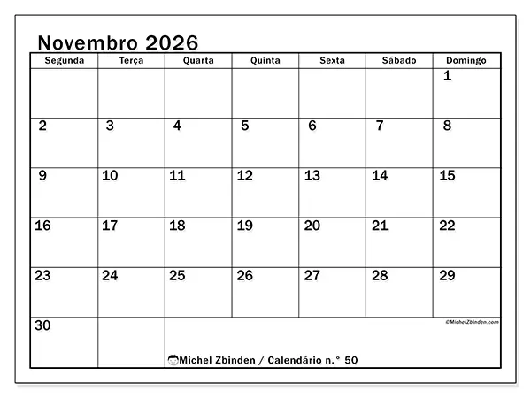 Calendário de novembro de 2026 para imprimir - Planeamento ideal