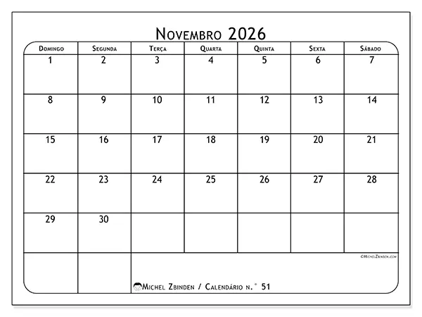 Calendário de novembro de 2026 para imprimir - Planeador de refeições - Semana de domingo a sábado