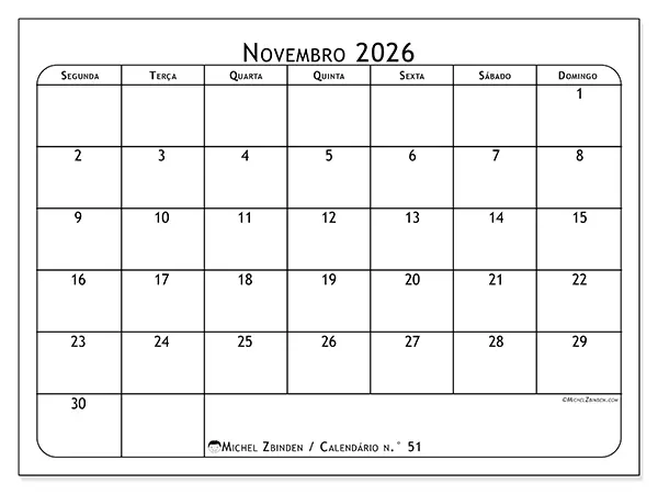 Calendário de novembro de 2026 para imprimir - Planeador de refeições