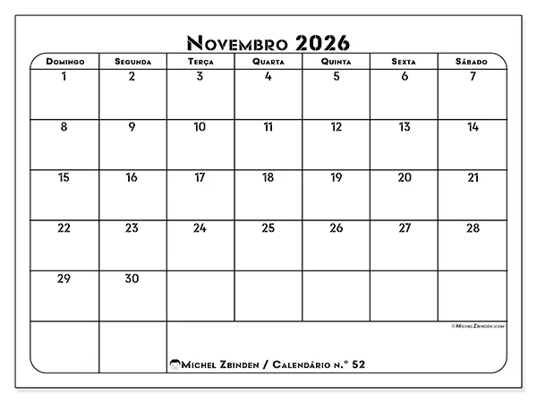 Calendário de novembro de 2026 para imprimir - Organização profissional - Semana de domingo a sábado