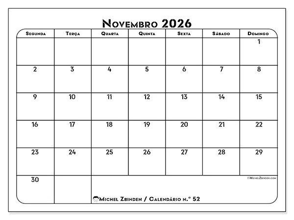 Calendário de novembro de 2026 para imprimir - Organização profissional