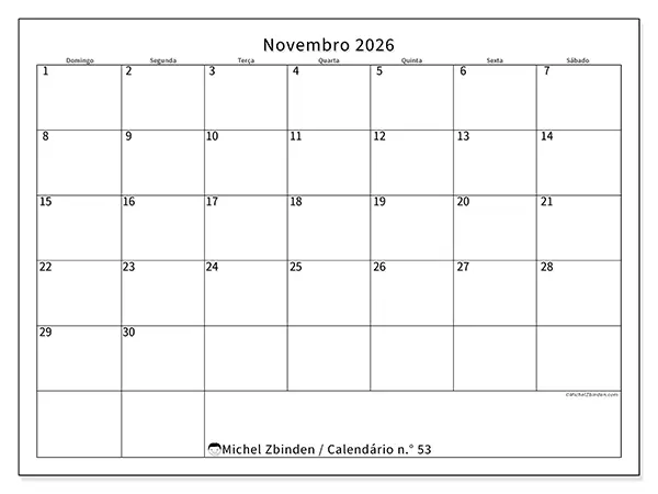 Calendário de novembro de 2026 para imprimir - Horário eficiente - Semana de domingo a sábado