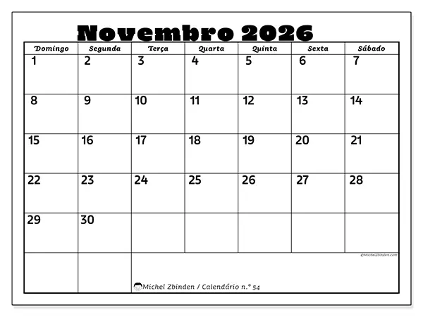 Calendário de novembro de 2026 para imprimir - Atividades em família - Semana de domingo a sábado