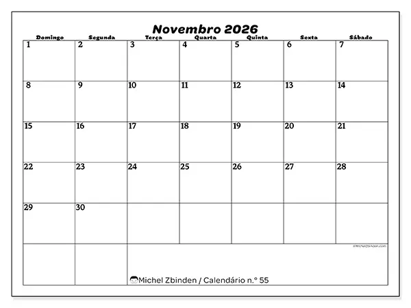 Calendário de novembro de 2026 para imprimir - Organização do lazer - Semana de domingo a sábado