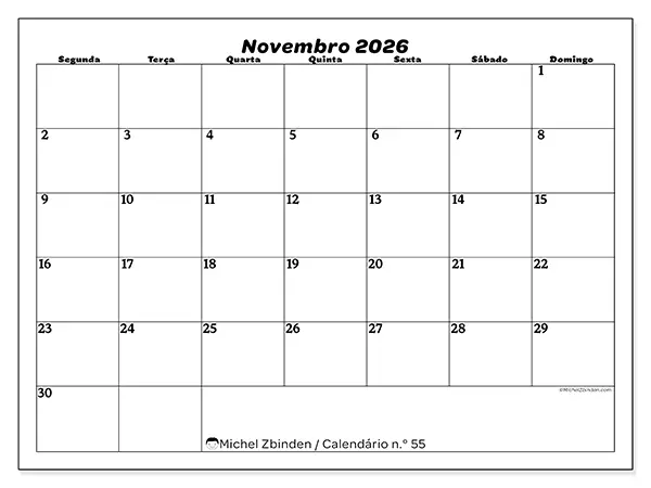 Calendário de novembro de 2026 para imprimir - Organização do lazer