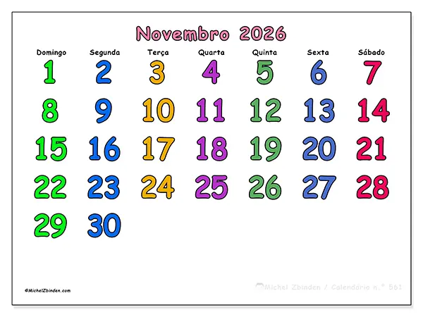 Calendário de novembro de 2026 para imprimir - Momentos criativos - Semana de domingo a sábado
