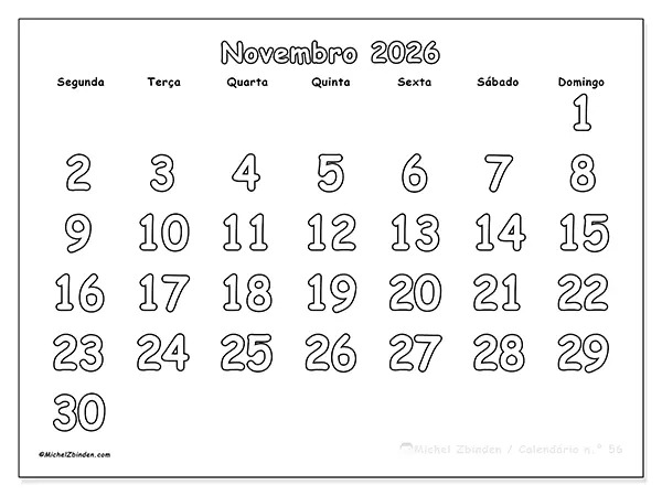 Calendário de novembro de 2026 para imprimir - Colorir útil