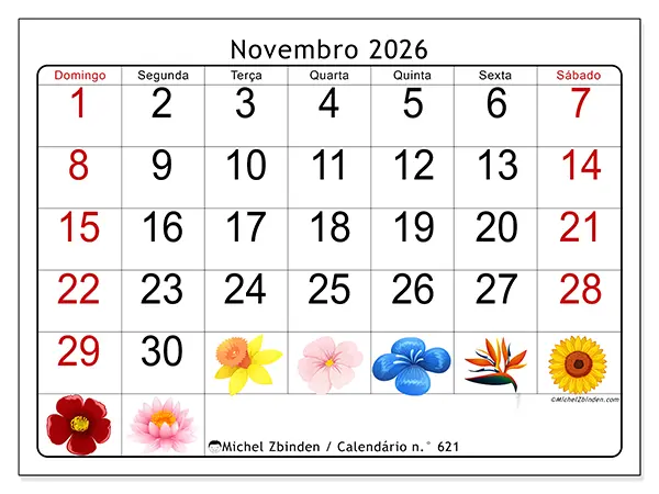 Calendário de novembro de 2026 para imprimir - Flores grandes - Semana de domingo a sábado
