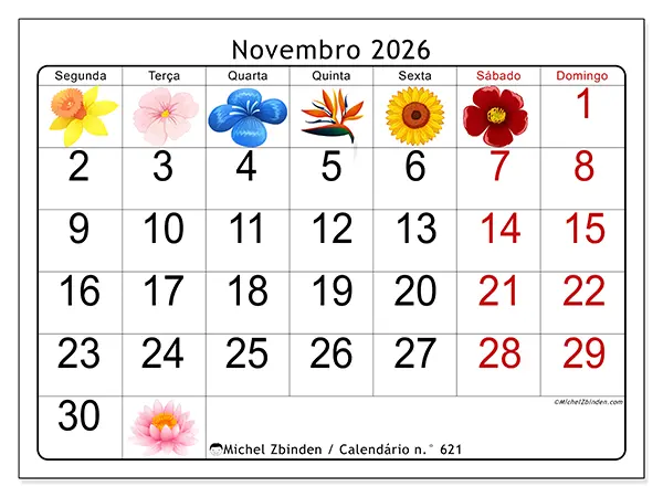 Calendário de novembro de 2026 para imprimir - Flores grandes