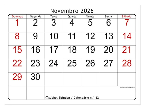 Calendário de novembro de 2026 para imprimir - Leitura rápida - Semana de domingo a sábado