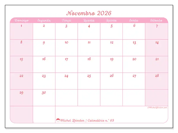 Calendário de novembro de 2026 para imprimir - Organização suave - Semana de domingo a sábado