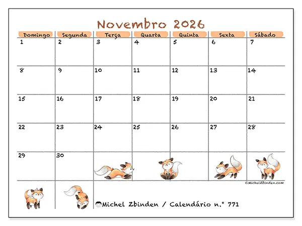 Calendário de novembro de 2026 para imprimir - Desenhos de raposas - Semana de domingo a sábado