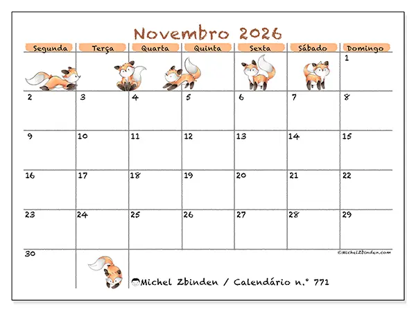 Calendário de novembro de 2026 para imprimir - Desenhos de raposas
