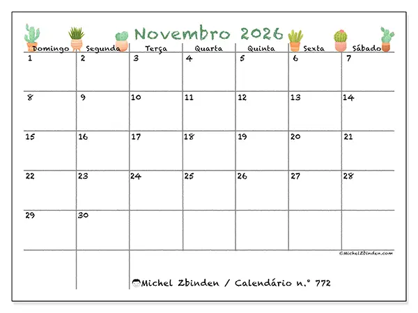 Calendário de novembro de 2026 para imprimir - Cactos decorativos - Semana de domingo a sábado