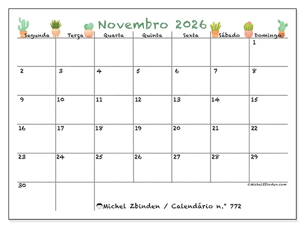 Calendário de novembro de 2026 para imprimir - Cactos decorativos